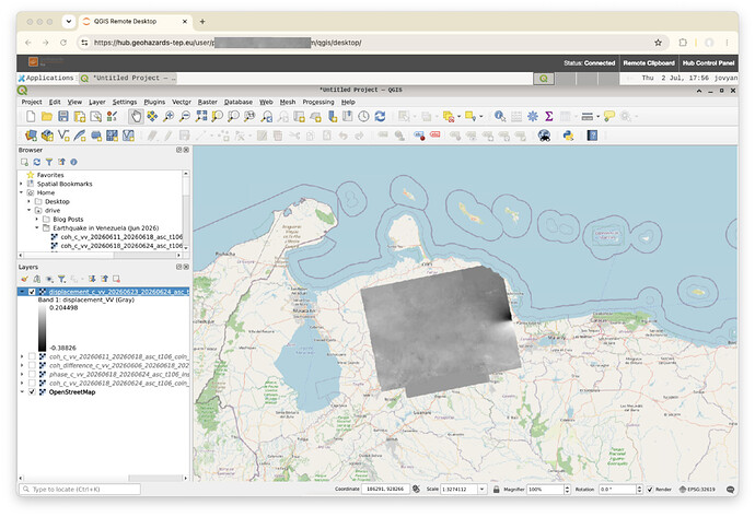 GEP DInSAR outputs opened from GEP Drive in the QGIS Remote Desktop environment